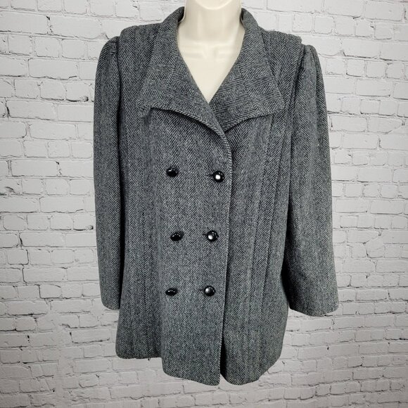 VTG Campari Grey Tweed Herringbone Pea Coat Puff Sleeve Retro USA Made Size L/XL - Picture 1 of 15